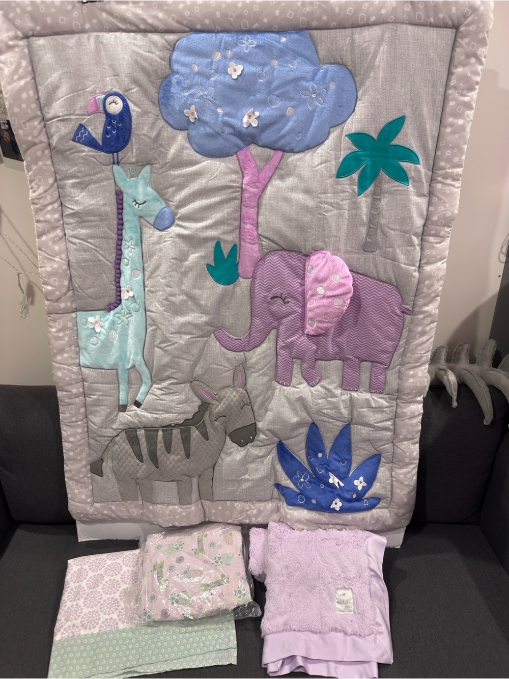 Plush Safari Animal baby crib bedding w Blanket - Gray, lavender New see details